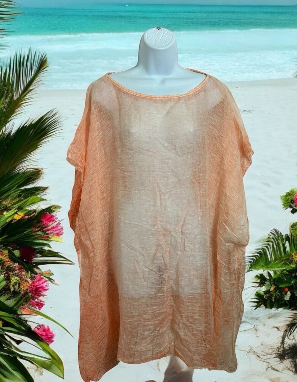 Eileen Fisher Linen Blend Peach Poncho Top One Size Raw Edge Layer Blouse New